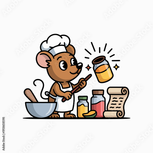 Brown Mouse Chef Pouring Honey into Bowl in Kitchen
