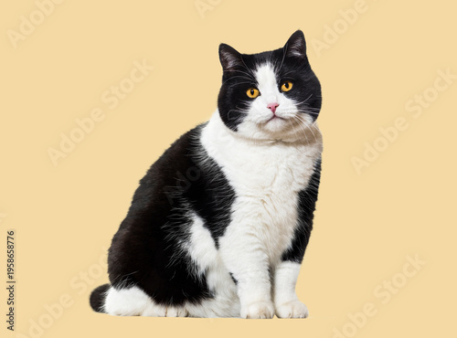 Foto Tuxedo cat sitting, looking at camera with orange eyes