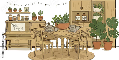 Web Sustainable Dining Room Interior Vector with Bamboo Furniture, Eco Friendly Home Life with Indoor Garden, Zero Waste Storage and Solar Power Diagram Illustration