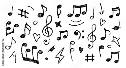 Cute crayon music notes icons. Doodle hand drawn musical signs and symbols with chalk texture. Black crayon notes, treble clef, heart and star icons set isolated on white, vector illustration