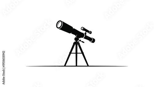 Astronomical telescope on tripod stand for stargazing and space observation, minimal black silhouette vector illustration isolated on white