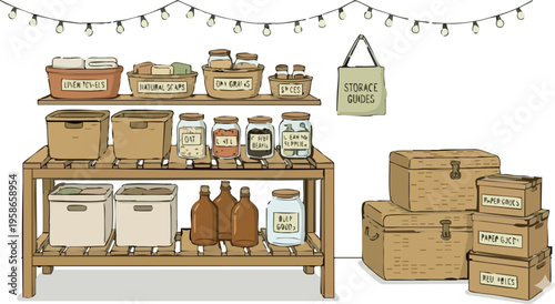 Web Zero Waste Pantry Organization Vector, Minimalist Eco Friendly Storage with Glass Jars, Wicker Baskets and Natural Soaps Illustration