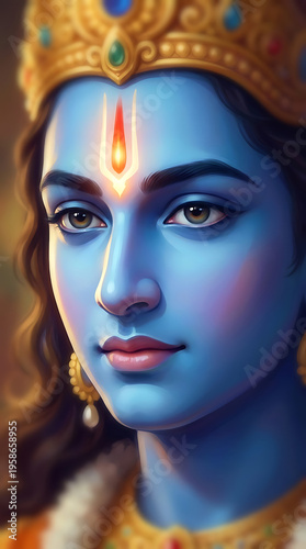 Close up face of blue skin lord rama for rama puja ram navami and dussehra posters showing detailed tilak on forehead and calm peaceful eyes