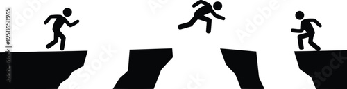 A series of three black stick figures demonstrating the process of effectively leaping over obstacles
