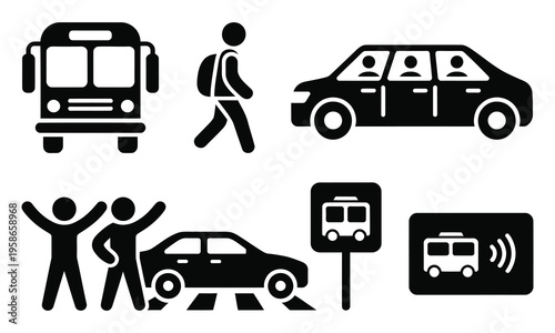 Solid style icons of school transportation, school bus, walking student, bike rack, carpool icon, crossing guard, drop-off zone, bus stop sign, transportation, minimal line art vector collection 