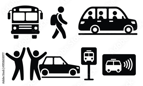 Solid style icons of school transportation, school bus, walking student, bike rack, carpool icon, crossing guard, drop-off zone, bus stop sign, transportation, vector illustration for educational