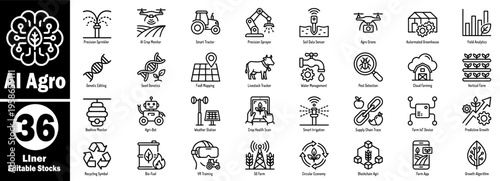 AI agro 36 liner editable stocks. Precision sprinkler, AI crop monitor, smart tractor, precision sprayer, soil data sensor, agri-drone, automated greenhouse vector illustration.