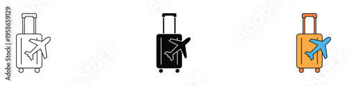Travel luggage suitcase with airplane icon set. International flight tourism and vacation trip baggage symbol. Vector Illustration
