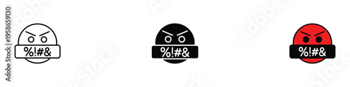 Angry swearing emoji face with symbols on mouth icon set. Frustrated mad character and offensive language expression symbol. Vector Illustration.