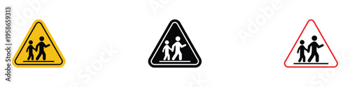 School crossing pedestrian safety road sign icon set. Children walking caution and traffic warning symbol. Vector Illustration.