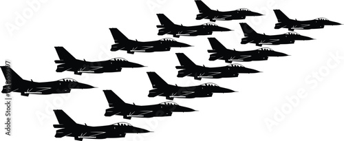 Modern fighter jet squadron flying in formation silhouette, military aircraft fleet in sky, aviation defense concept vector illustration isolated background