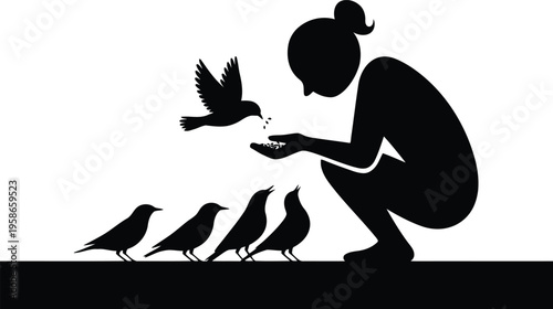 A silhouette of a woman crouching to feed a small group of birds gathered on a raised ledge