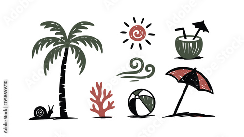Tropical beach hand drawn illustration set with summer vintage doodle elements, scribble icons collection featuring coconut, ocean, starfish, coral, sunset, ball, umbrella and palm tree