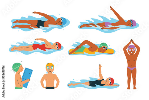 Swimming lessons illustration set, kids practicing freestyle stroke with kickboard and pool training equipment cartoon vector collection for learning.