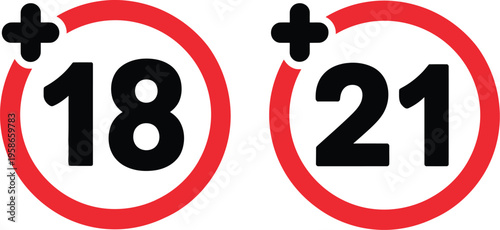 Adult age restriction illustration, circular icons with 18 and 21 numbers for content classification, ratings, and access control systems.
