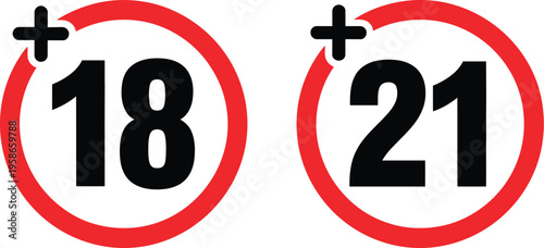Age limit 18 21 icons illustration, circular restriction symbols for adult content, movie ratings, and access control signage.