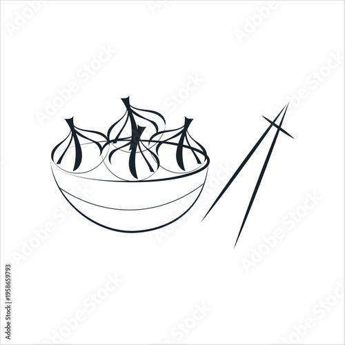 Khinkali or dumplings in a bowl with chopsticks line art illustration