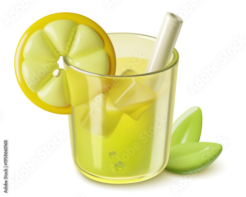 3D Lemonade in a glass with ice, straw, decorated with lemon slice and mint leaves. Cute realistic summer cold drink vector illustration.