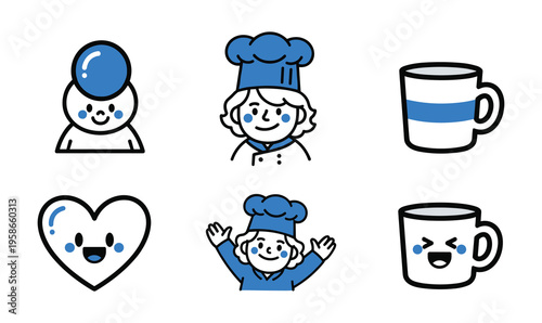 Cartoon chef and kitchen items with emoticons