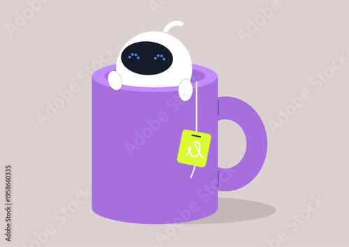 Playful robot peeks out from a vibrant purple mug, enjoying a moment of peace, The teabag adds a cozy touch to this delightful scene, perfect for a cheerful atmosphere.