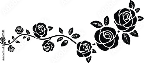 Rose floral border vector, horizontal black design with connected stems, leaves, and blooming flowers isolated on a white background for elegant decorative layouts.