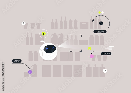 intelligent robot works efficiently to scan grocery shelves, identifying products and ensuring inventory accuracy in a busy retail store setting.