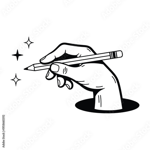 A hand emerging from a hole drawing with a pencil
