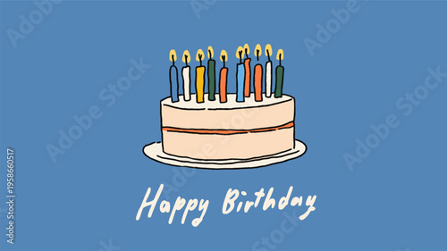 Birthday cake with ten candles and happy birthday text. Illustrated birthday cake with ten lit candles and Happy Birthday message on blue background