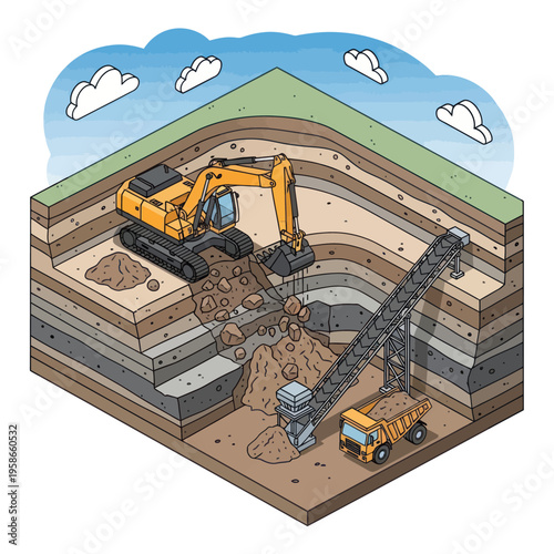 Isometric illustration of an open-pit mine with heavy machinery excavating earth.