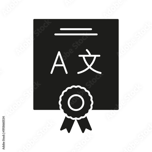 Language Certificate Solid Icon. Multilingual Proficiency And Translation Certification Silhouette Symbol. Language Skills Recognition And Achievement. Isolated Vector Illustration