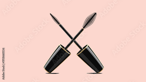 Two crossed mascara wands with gold trim on the handles shown against a soft pink background for a glamorous beauty product display.