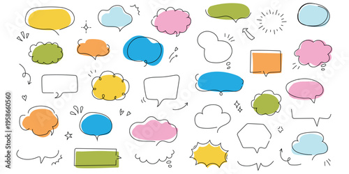 Colorful hand drawn speech bubbles and comic text clouds collection. Creative dialogue box and conversation balloon animation set.
