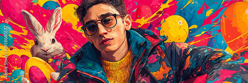 Cool Easter bunny wearing sunglasses holding decorated egg. Easter poster. Anthropomorphic bunny wearing colorful jacket, surrounded by paint splatters and festive eggs