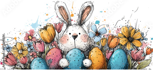 Easter bunny holding decorated eggs and spring flowers wallpaper. Whimsical Easter bunny holding colorful decorated eggs and spring flowers in hand-drawn doodle style