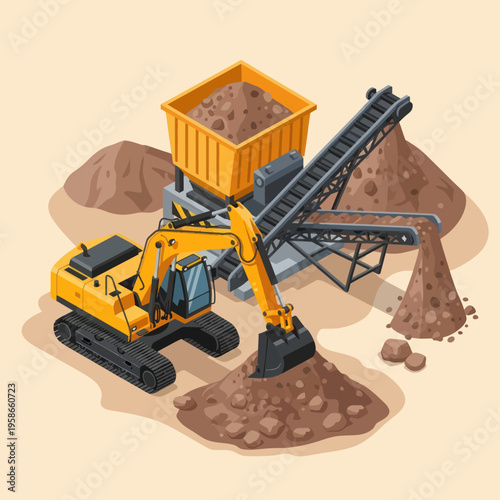 Heavy machinery at a construction site with an excavator and conveyor belt system.