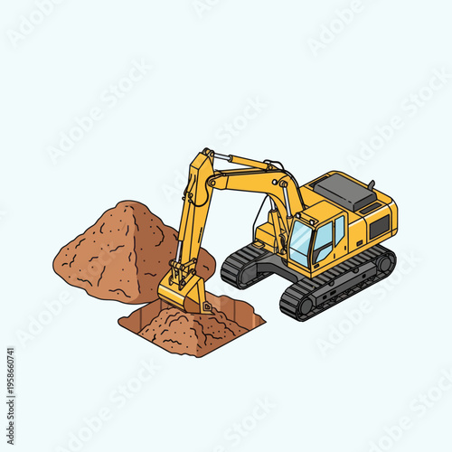 Yellow Excavator Digging a Hole with a Pile of Dirt Next to It.