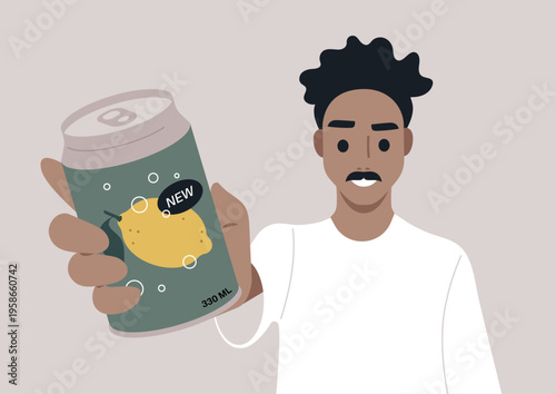 A cheerful character holds out a can of soda featuring a bright fruit design, The atmosphere is lively, hinting at a fun beverage experience waiting to be enjoyed.