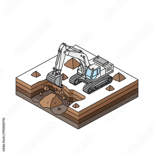 Isometric illustration of an excavator digging a deep hole in the ground, revealing soil layers.