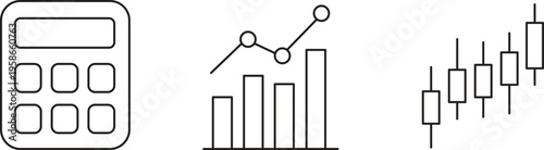 Calculator bar chart and candlestick graph financial analysis flat line icon vector set