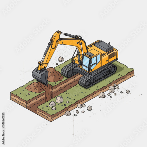 Heavy-duty yellow excavator digging a trench in the ground for construction work.