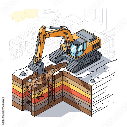 Excavator digging a trench through multiple soil layers.