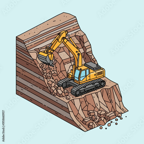 Heavy Excavator Digging into a Layered Earth Embankment.