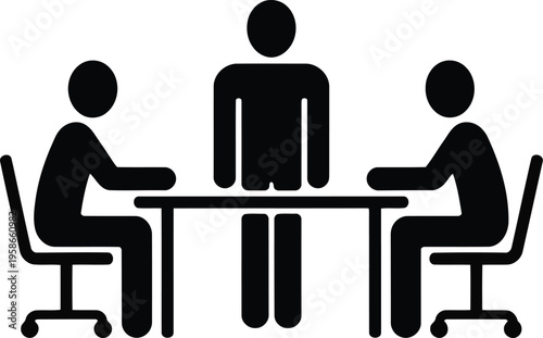 Three simple stick figures are depicted engaging in a professional meeting or business discussion around a table