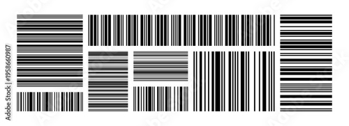 Set of barcode fake with different thick and thin lines. Vertical streaks, strips with random information lines. Abstract geometric texture background for retail, supermarket