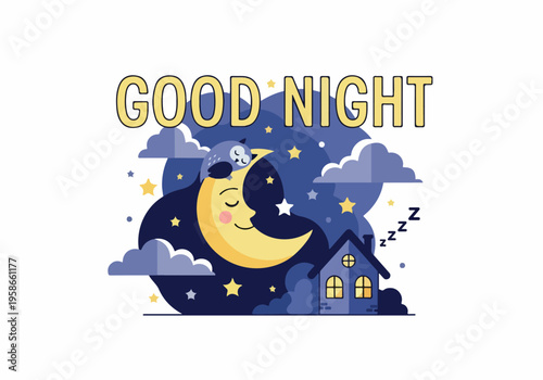 Sweet dreams and starry skies a charming good night illustration with a crescent moon, sleeping owl, and cozy house under a sky full of stars and clouds