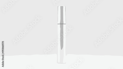 Slim white or silver tube of mascara or lip gloss standing vertically against a light grey background with a subtle shadow effect.