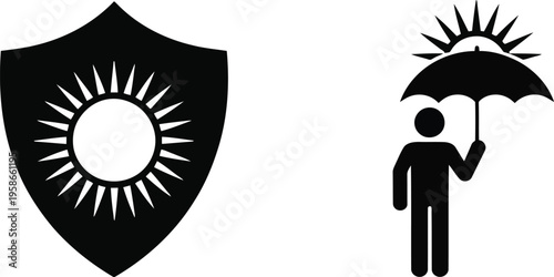 Black silhouette icons show sun protection symbols including a shield and person with an umbrella