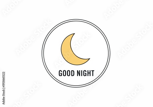 A simple, clean circular icon featuring a crescent moon and the phrase 'Good Night,' perfect for themes related to sleep, bedtime, or peaceful evenings