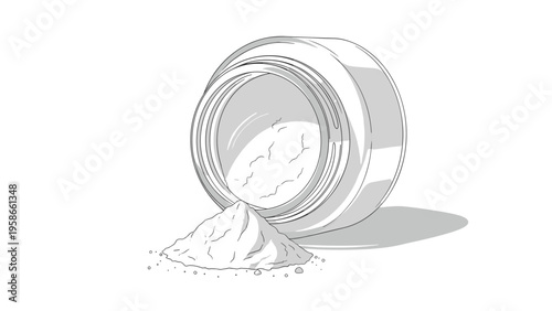 Open cosmetic jar tipped over with a pile of loose white translucent setting powder spilled out onto a plain white surface.