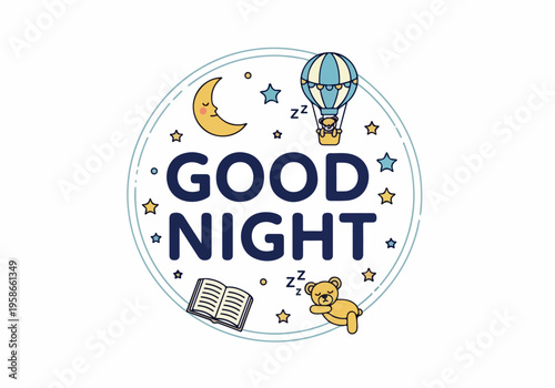 Dreamy bedtime scene with a hot air balloon, moon, stars, Teddy bear, and an open book, wishing sweet dreams to the viewer